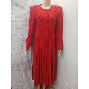 Vtg Red Long Sleeve Dress Midi-Maxi Cottagecore Sz 8 Sarah Elizabeth Pleated